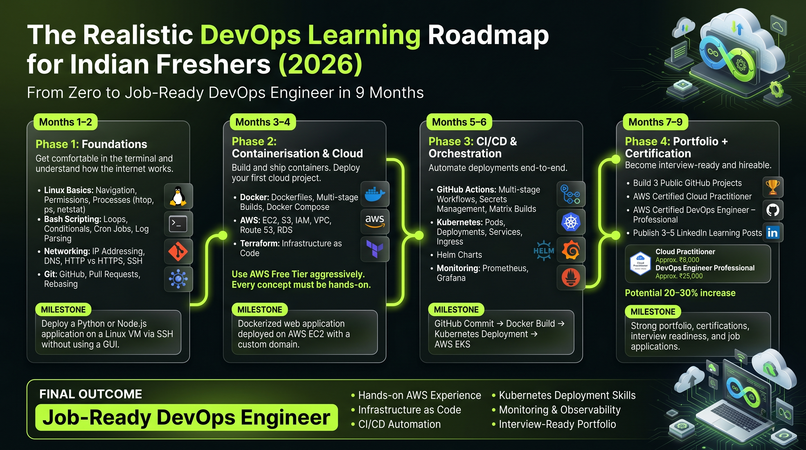 Realistic DevOps learning roadmap for Indian freshers from foundations to portfolio and certification